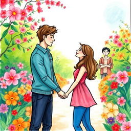 A vibrant, hand-drawn illustration showcasing a romantic scene with two lovers standing in a lush, colorful garden