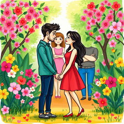 A vibrant, hand-drawn illustration showcasing a romantic scene with two lovers standing in a lush, colorful garden