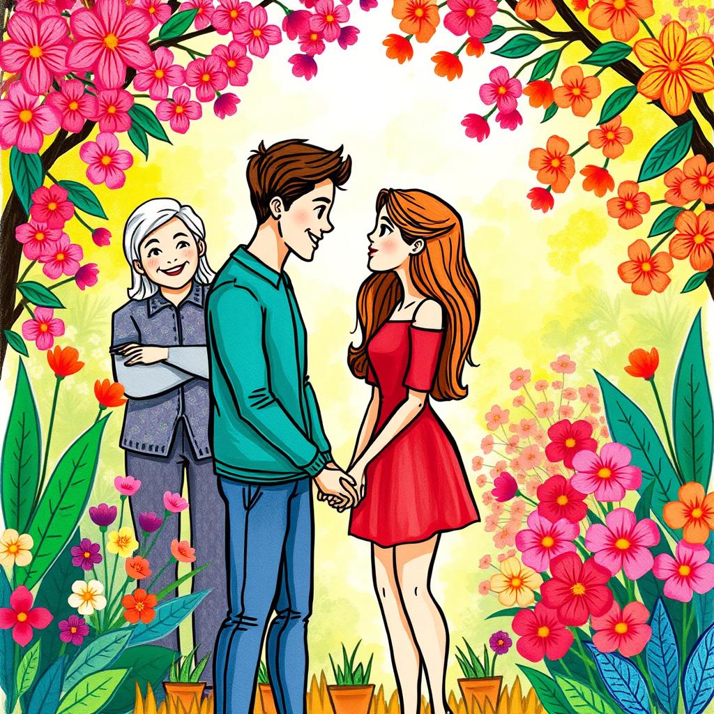 A vibrant, hand-drawn illustration showcasing a romantic scene with two lovers standing in a lush, colorful garden