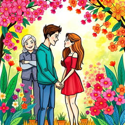 A vibrant, hand-drawn illustration showcasing a romantic scene with two lovers standing in a lush, colorful garden