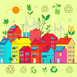 A pop art depiction of sustainable development in the style of Andy Warhol, featuring repetitive patterns of colorful buildings with eco-friendly designs such as solar panels and wind turbines