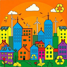 A pop art depiction of sustainable development in the style of Andy Warhol, featuring repetitive patterns of colorful buildings with eco-friendly designs such as solar panels and wind turbines