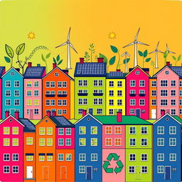 A pop art depiction of sustainable development in the style of Andy Warhol, featuring repetitive patterns of colorful buildings with eco-friendly designs such as solar panels and wind turbines