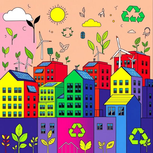 A pop art depiction of sustainable development in the style of Andy Warhol, featuring repetitive patterns of colorful buildings with eco-friendly designs such as solar panels and wind turbines