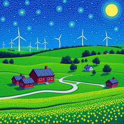 A serene depiction of sustainable development in the style of Georges Seurat, using pointillism to create a harmonious scene