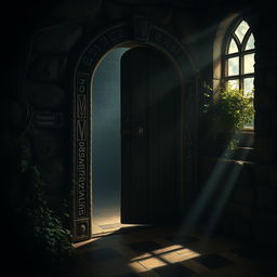 A mysterious and ancient forbidden door, featuring intricate carvings and runes, set in a dark stone wall