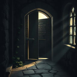 A mysterious and ancient forbidden door, featuring intricate carvings and runes, set in a dark stone wall