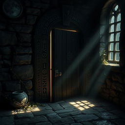 A mysterious and ancient forbidden door, featuring intricate carvings and runes, set in a dark stone wall