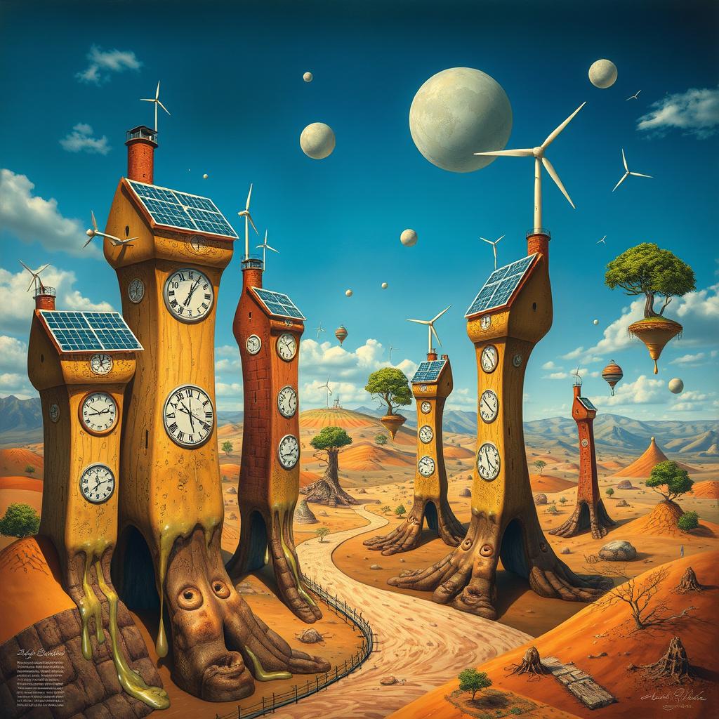 A surreal depiction of sustainable development in the style of Salvador Dali, featuring a dreamlike landscape with bizarre, elongated structures resembling eco-friendly buildings