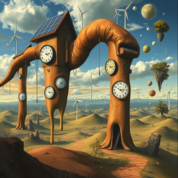 A surreal depiction of sustainable development in the style of Salvador Dali, featuring a dreamlike landscape with bizarre, elongated structures resembling eco-friendly buildings