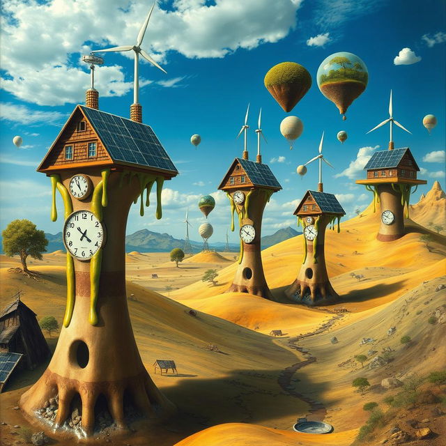 A surreal depiction of sustainable development in the style of Salvador Dali, featuring a dreamlike landscape with bizarre, elongated structures resembling eco-friendly buildings