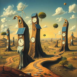 A surreal depiction of sustainable development in the style of Salvador Dali, featuring a dreamlike landscape with bizarre, elongated structures resembling eco-friendly buildings