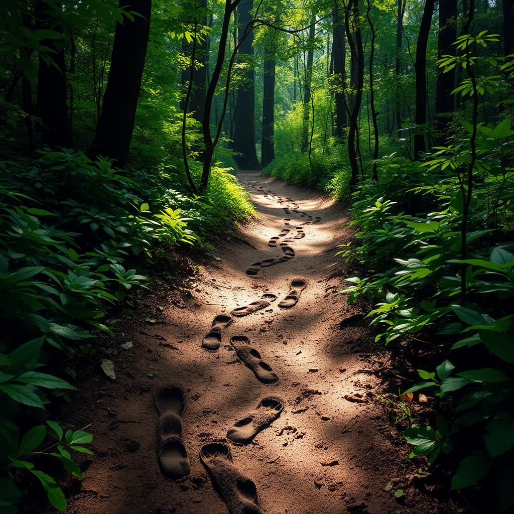 A series of footprints winding through a dense, lush forest, with vibrant green foliage surrounding the path