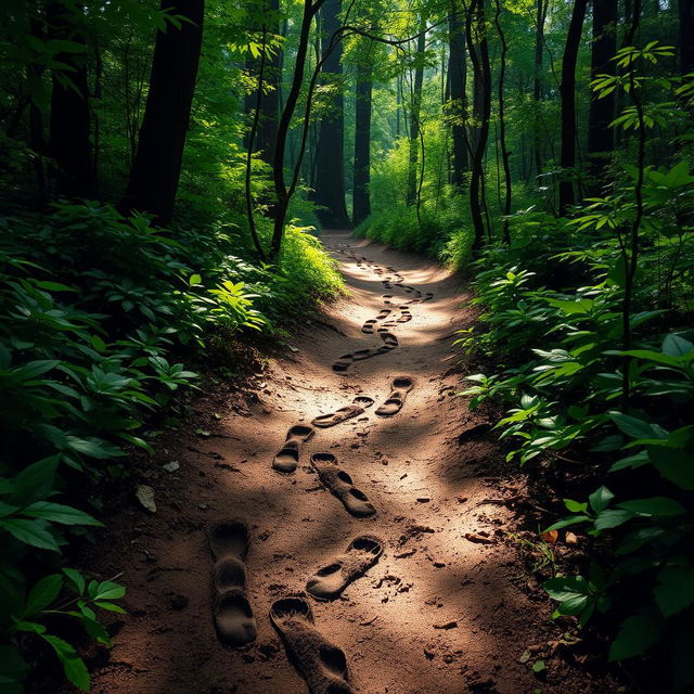 A series of footprints winding through a dense, lush forest, with vibrant green foliage surrounding the path