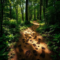 A series of footprints winding through a dense, lush forest, with vibrant green foliage surrounding the path