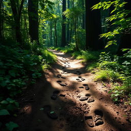 A series of footprints winding through a dense, lush forest, with vibrant green foliage surrounding the path