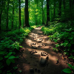 A series of footprints winding through a dense, lush forest, with vibrant green foliage surrounding the path