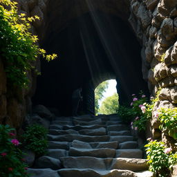 An exit from an underground dungeon leading to the surface, where light from the outside pours into the dark passageway