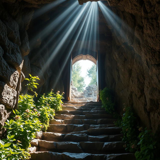 An exit from an underground dungeon leading to the surface, where light from the outside pours into the dark passageway