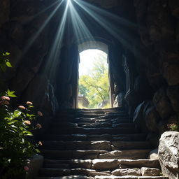 An exit from an underground dungeon leading to the surface, where light from the outside pours into the dark passageway