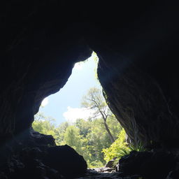 An exit from a cave leading to the surface, where brilliant daylight floods through the opening