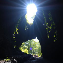 An exit from a cave leading to the surface, where brilliant daylight floods through the opening