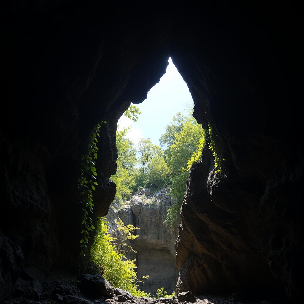 An exit from a cave leading to the surface, where brilliant daylight floods through the opening