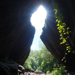 An exit from a cave leading to the surface, where brilliant daylight floods through the opening