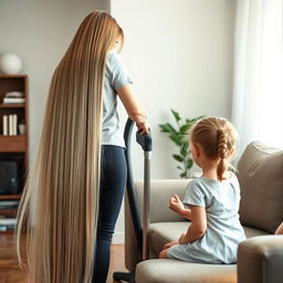 A mother with very long and silky hair flowing down, standing and cleaning the house with a vacuum cleaner