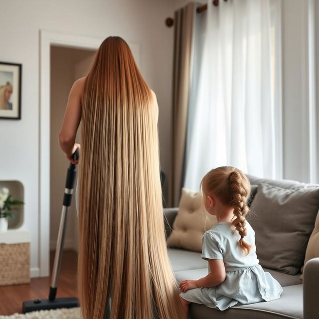 A mother with very long and silky hair flowing down, standing and cleaning the house with a vacuum cleaner