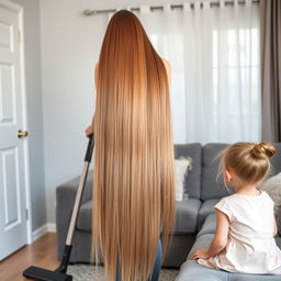 A mother with very long and silky hair flowing down, standing and cleaning the house with a vacuum cleaner