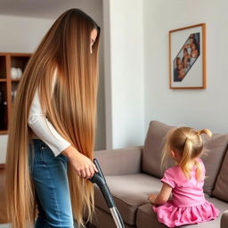 A mother with very long and silky hair flowing down, standing and cleaning the house with a vacuum cleaner