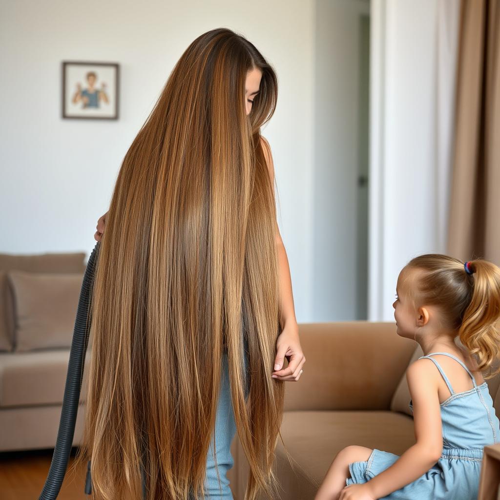 A mother with a visible face, very long and silky hair flowing down, standing and cleaning the house with a vacuum cleaner
