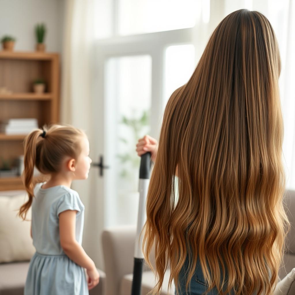 A mother with a visible face, very long and silky hair flowing down, standing and cleaning the house with a vacuum cleaner