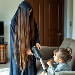 A mother with a visible face, very long and silky hair flowing down, wearing a dark blue winter abaya