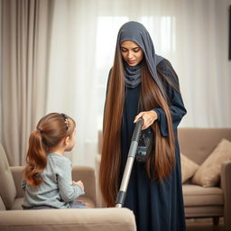 A mother with a visible face, very long and silky hair flowing down, wearing a dark blue winter abaya