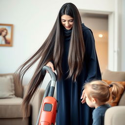 A mother with a visible face, very long and silky hair flowing down, wearing a dark blue winter abaya