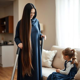 A mother with a visible face, very long and silky hair flowing down, wearing a dark blue winter abaya