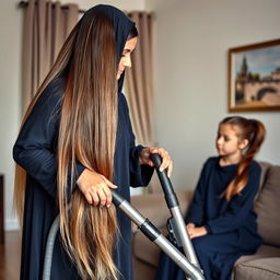 A mother with a visible face, very long and silky hair flowing down, wearing a dark blue winter abaya