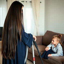 A mother with a visible face, very long and silky hair flowing down, wearing a dark blue winter abaya