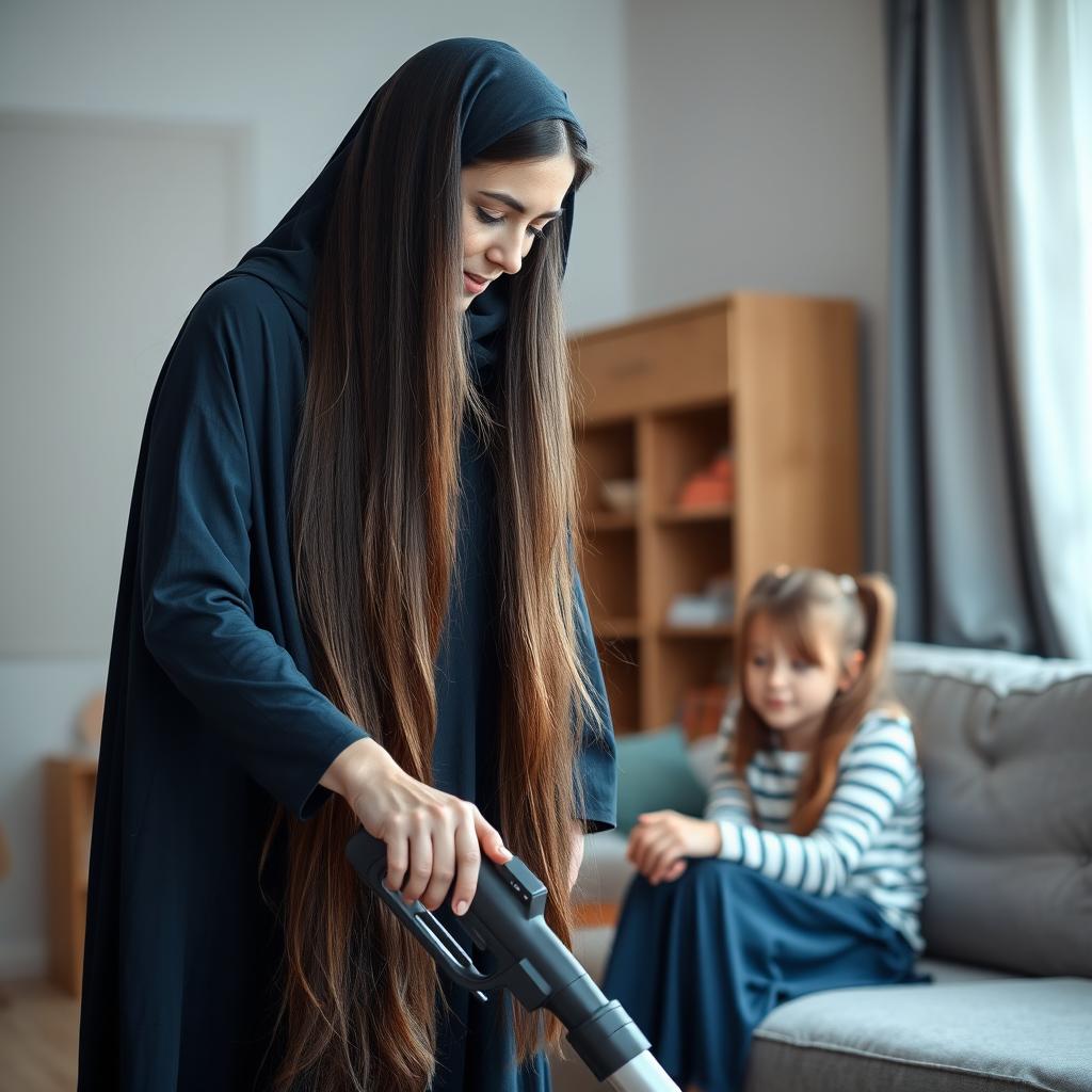 A mother with a visible face, very long and silky hair flowing down, wearing a dark blue winter abaya