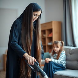 A mother with a visible face, very long and silky hair flowing down, wearing a dark blue winter abaya