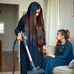 A mother with very long, silky, flowing hair wearing a dark blue winter abaya is standing and cleaning the house with a vacuum cleaner