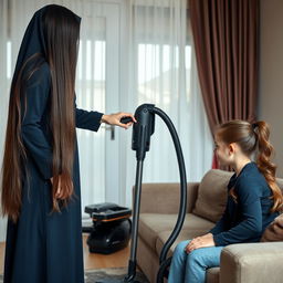 A mother with very long, silky, flowing hair wearing a dark blue winter abaya is standing and cleaning the house with a vacuum cleaner