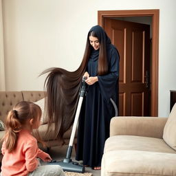 A mother with very long, silky, flowing hair wearing a dark blue winter abaya is standing and cleaning the house with a vacuum cleaner