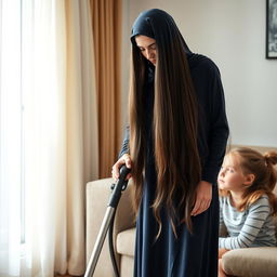 A mother with very long, silky, flowing hair wearing a dark blue winter abaya stands upright cleaning the house with a vacuum cleaner