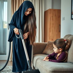 A mother with very long, silky, flowing hair wearing a dark blue winter abaya stands upright cleaning the house with a vacuum cleaner