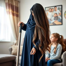 A mother with very long, silky, flowing hair wearing a dark blue winter abaya stands upright cleaning the house with a vacuum cleaner