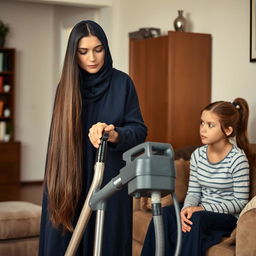 A mother with very long, silky, flowing hair wearing a dark blue winter abaya stands upright cleaning the house with a vacuum cleaner