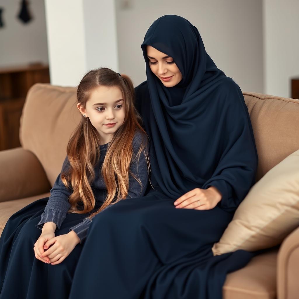 A mother with very long, silky, flowing hair wearing a dark blue winter abaya sits on the couch alongside her teenage daughter, who has her hair tied in a ponytail